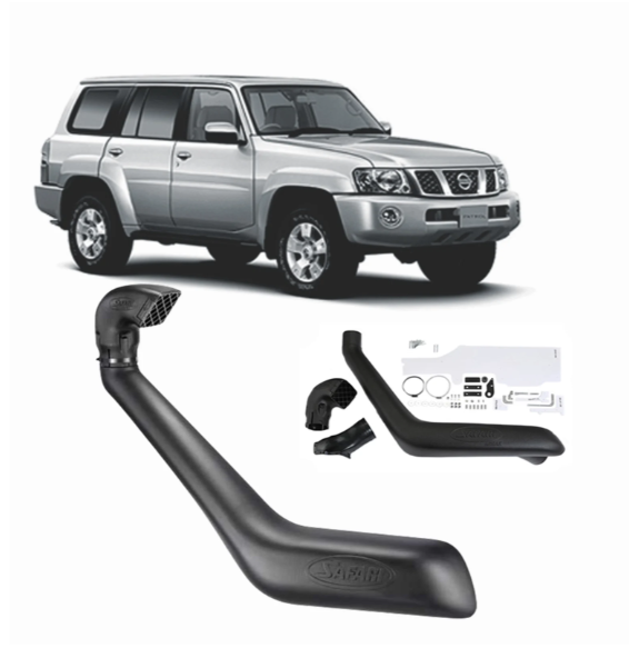 Silver SUV with black snorkel kit, various parts, and instruction guide.