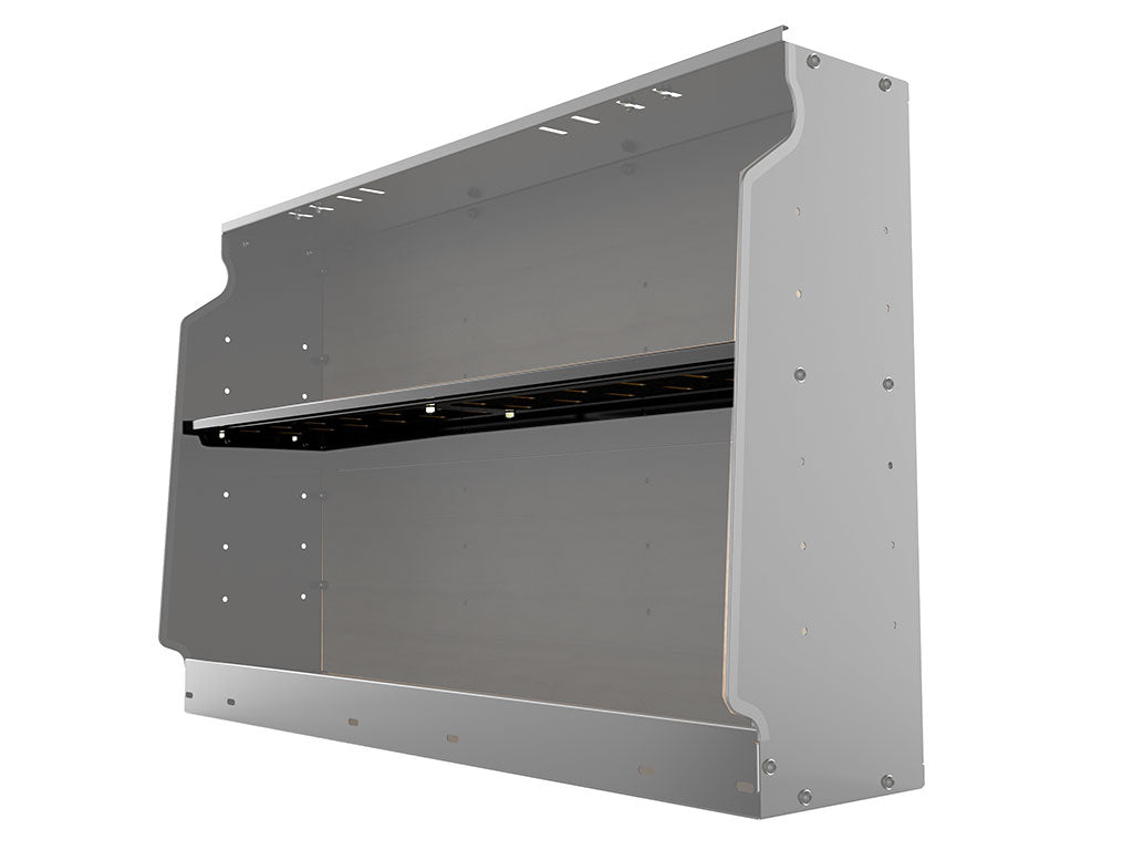 Metal shelving unit with single shelf, perforations for adjustability.