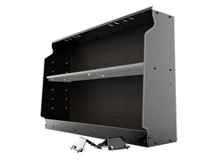 Metal shelving unit with single shelf, perforations for adjustability.