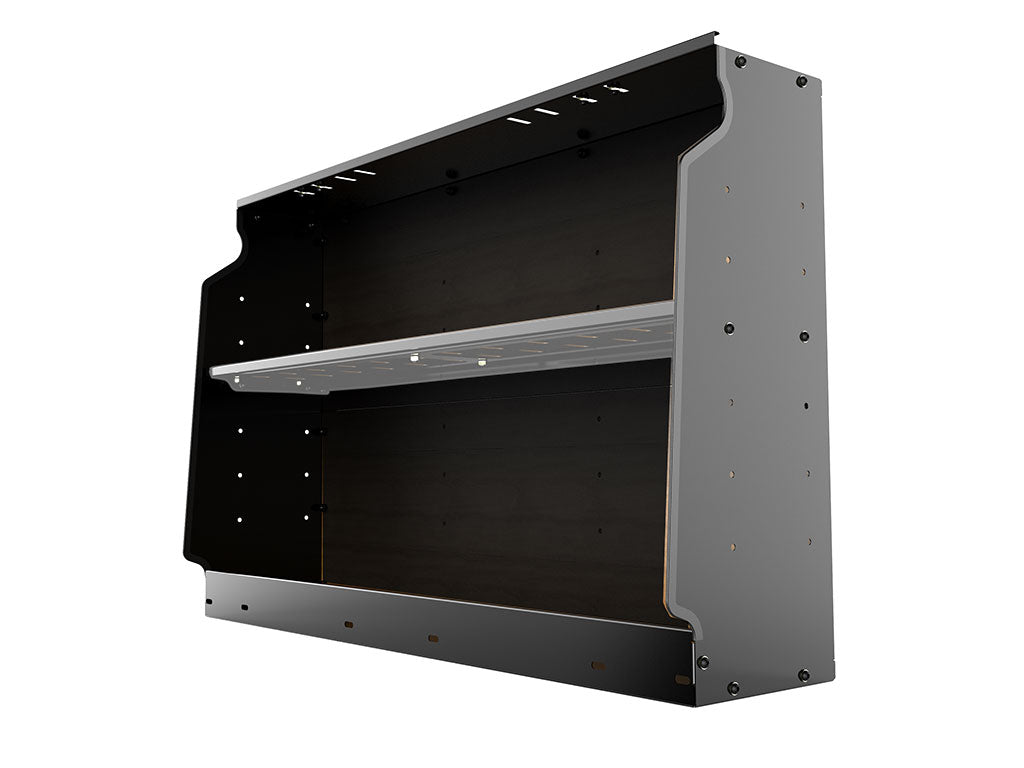 Black wall shelf with two compartments and cable management holes.