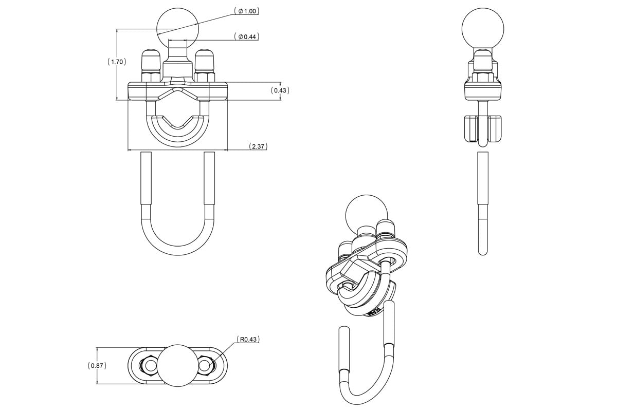 Handlebar U-Bolt Base for Rails 0.5" to 1.25" in Diameter | RAM®