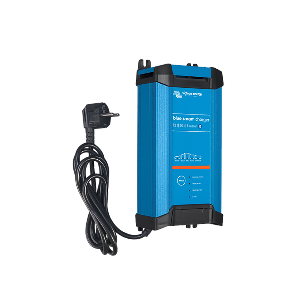 Blue smart charger for 12V/30A batteries, durable casing, indicator lights.