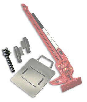 Red high-lift jack with square base plate, black accessories, detachable handle.