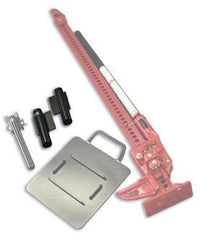 High-lift jack, base plate, mounting brackets, handle keeper, displayed on white background.