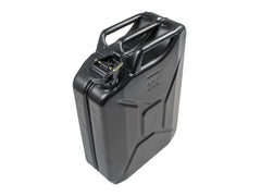 Black 20-liter jerry can with cap and handle for fuel storage.