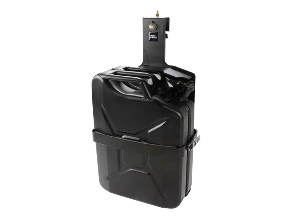 Mounted black fuel can holder with locking mechanism for jerry can.