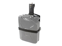 Mounted black fuel can holder with locking mechanism for jerry can.