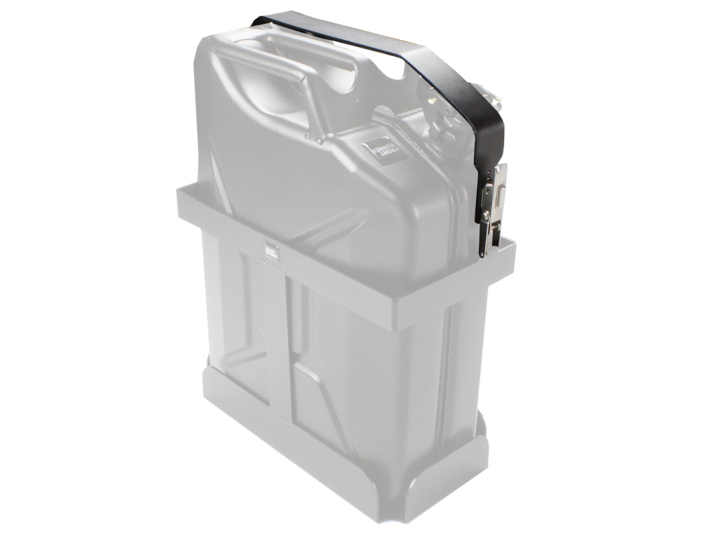 Metal jerry can secured in rectangular holder with black strap and latch.