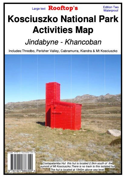 Kosciuszko National Park map featuring Jindabyne and scenic hut locations.