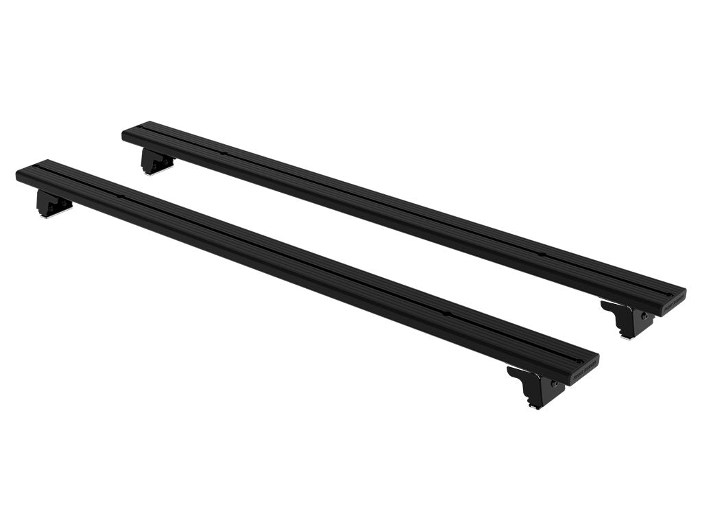 Two black aluminum crossbars for roof rack system on white background.