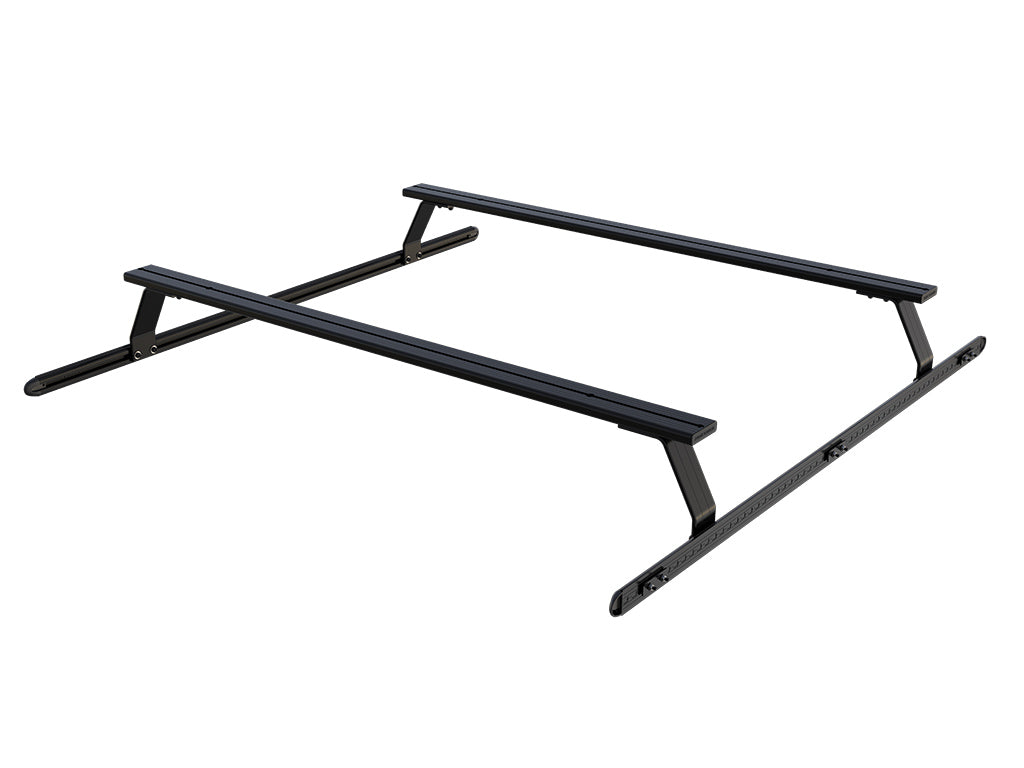 Black roof rack with two bars and legs for vehicle mounting.