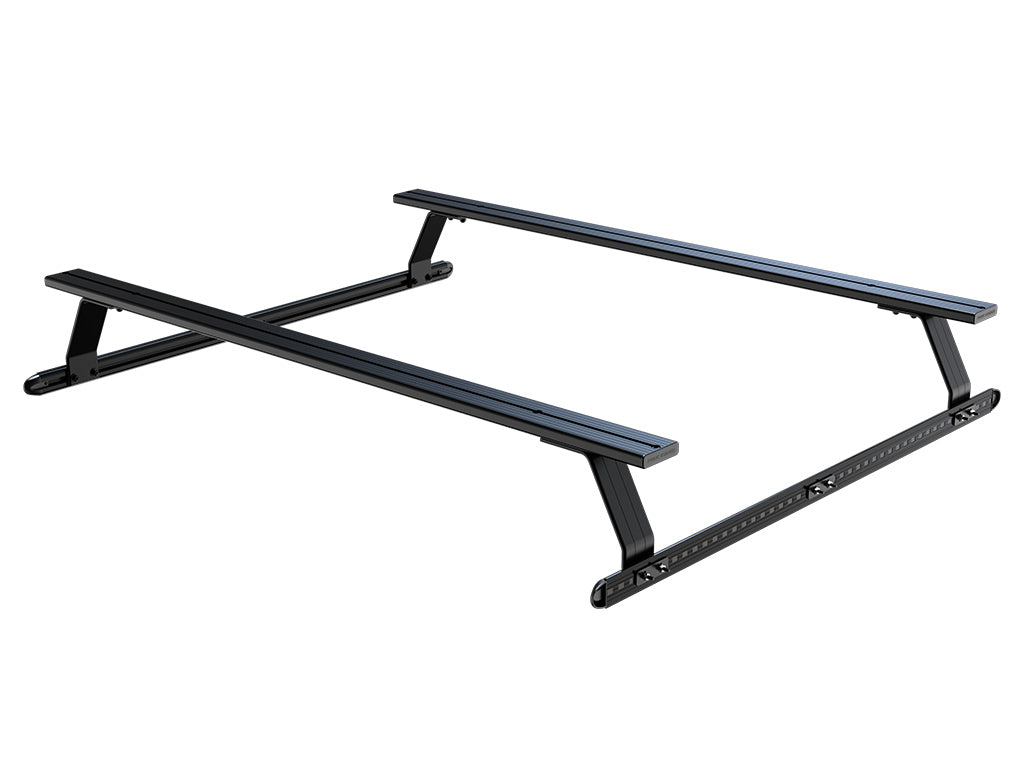 Black aluminum truck bed rack with two bars, adjustable legs for cargo support.