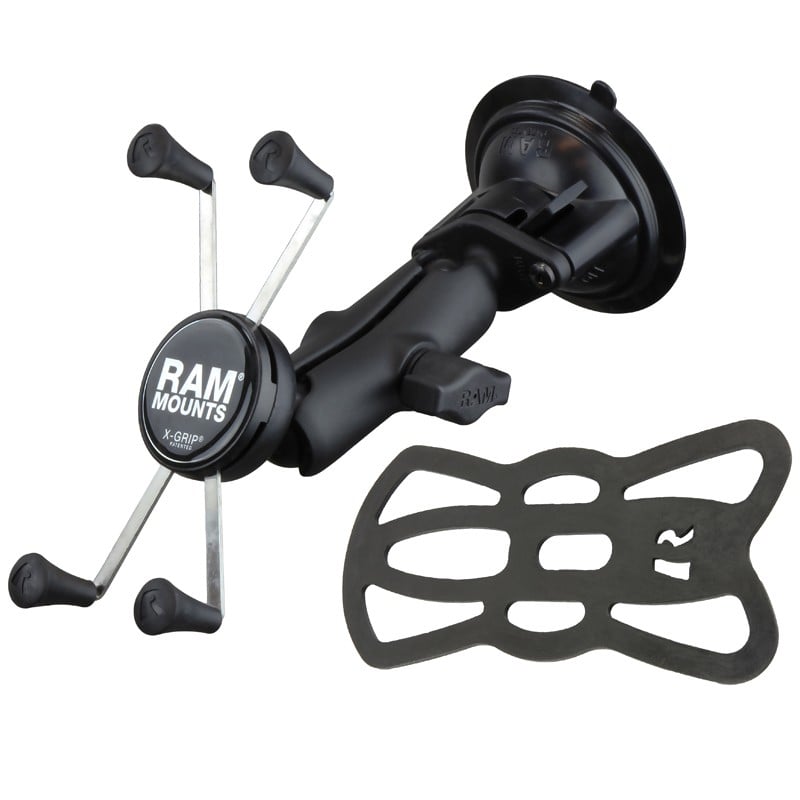 RAM Mounts X-Grip phone holder with suction cup and securing net accessory.