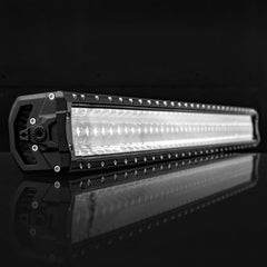 Rectangular LED light bar with black casing, multiple bulbs, black background.