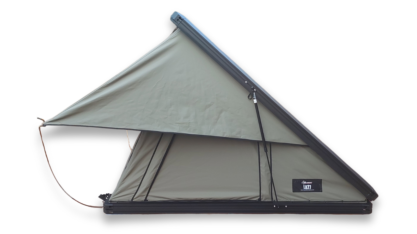 Side view of olive rooftop tent, partially unfolded, showing frame and support.