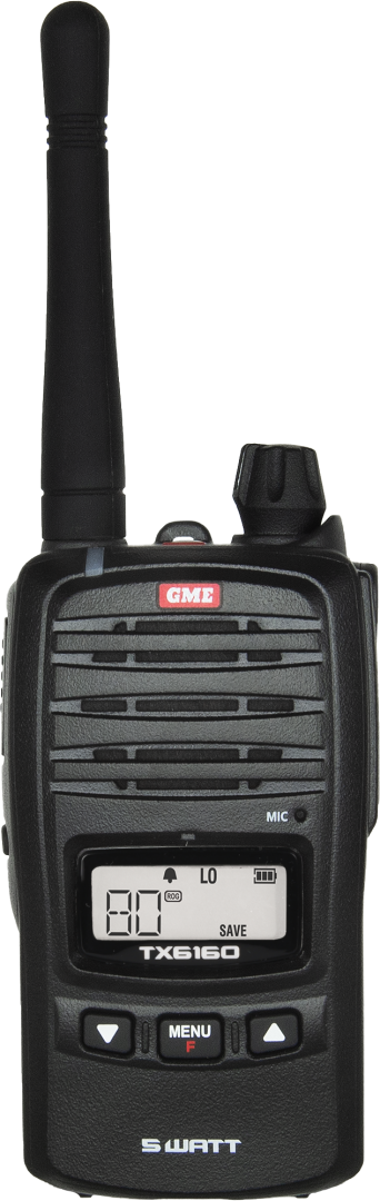 Close-up of black two-way radio, '89' on display, labeled 'GME' and 'TX6160'.