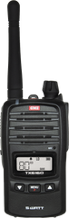 Close-up of black two-way radio, '89' on display, labeled 'GME' and 'TX6160'.