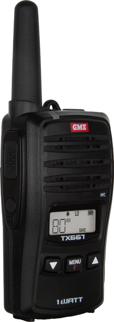 Handheld two-way radio, "80" on display, labeled buttons, GME brand visible.