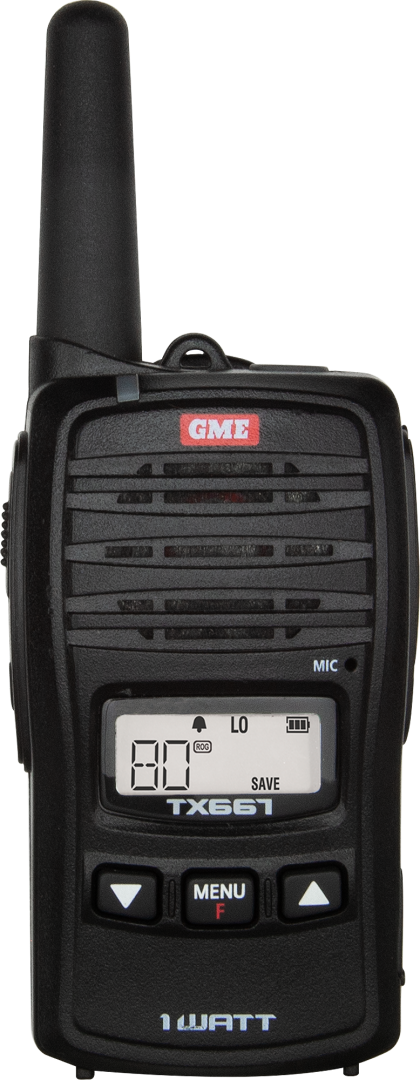 Handheld two-way radio, "80" on display, labeled buttons, GME brand visible.