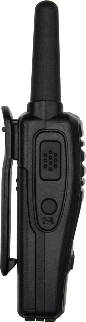 Handheld two-way radio, "80" on display, labeled buttons, GME brand visible.