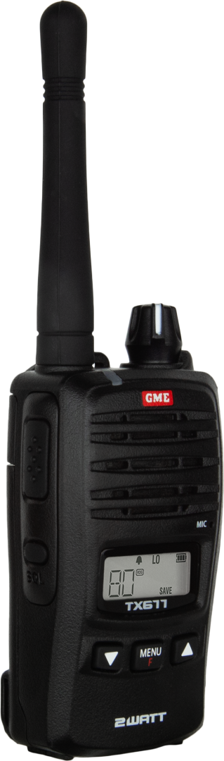 Black walkie-talkie with display screen, buttons, antenna, "2 WATT" label.