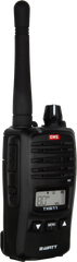 Black walkie-talkie with display screen, buttons, antenna, "2 WATT" label.