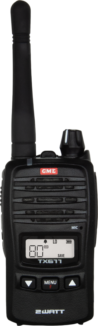 Black walkie-talkie with display screen, buttons, antenna, "2 WATT" label.