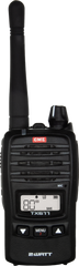 Black walkie-talkie with display screen, buttons, antenna, "2 WATT" label.