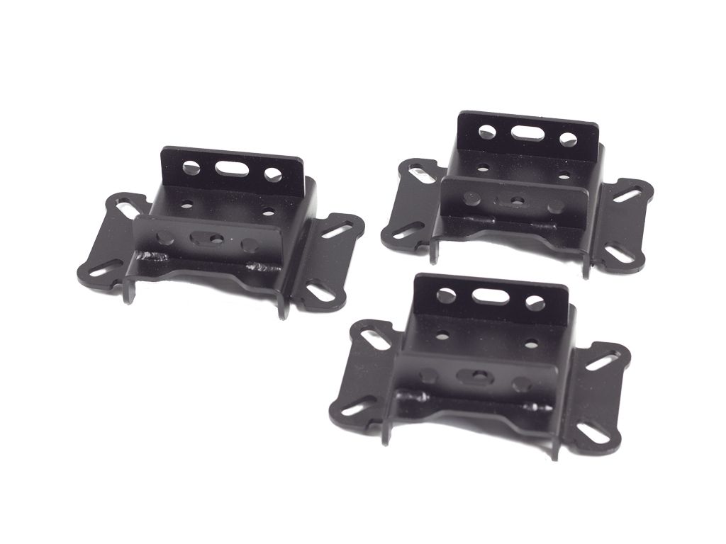 Three black metal mounting brackets with multiple screw holes, white background.