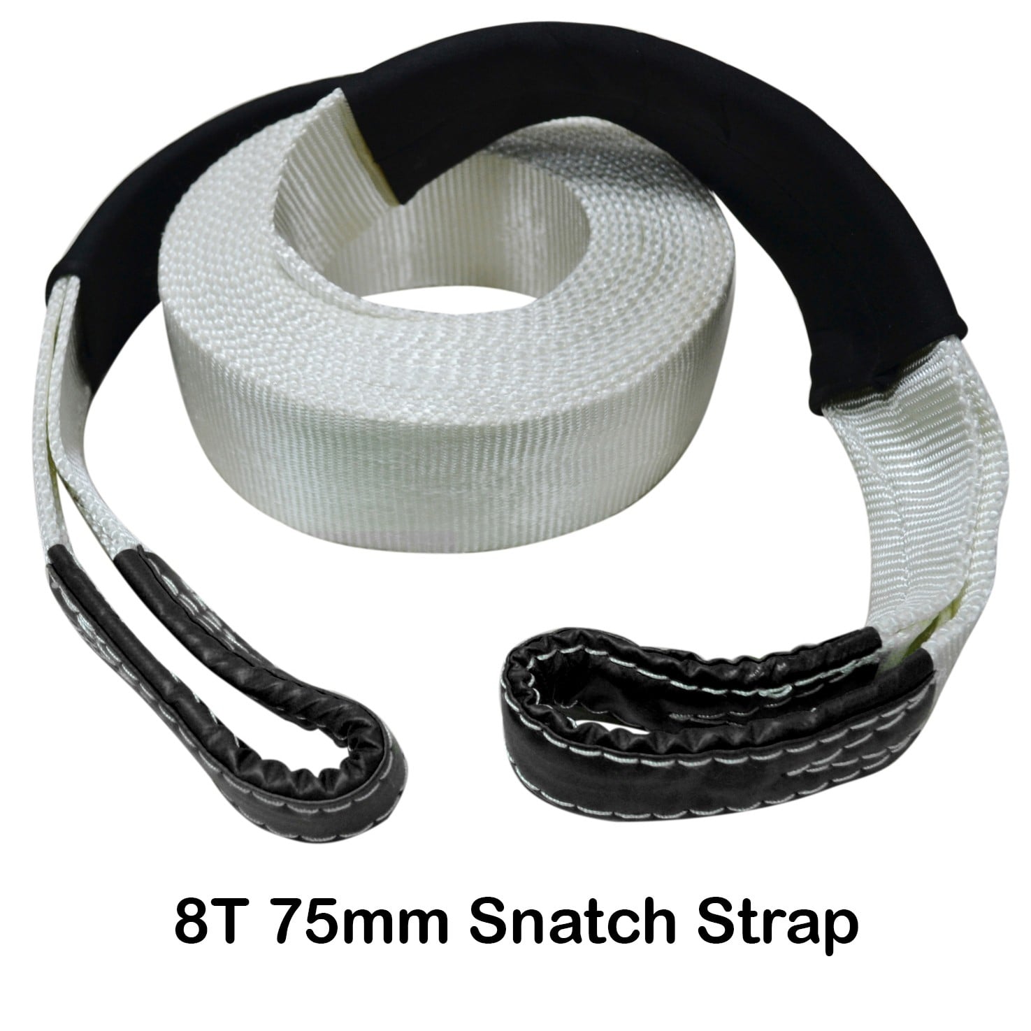 8-ton snatch strap with reinforced loops and protective sleeve.