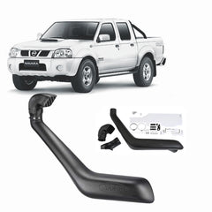 White Nissan Navara with Safari snorkel kit, parts shown separately.