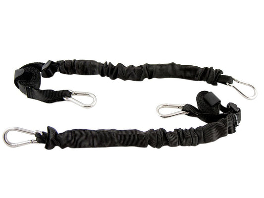 Two black bungee cords with carabiner hooks on each end, designed for securing. 1024