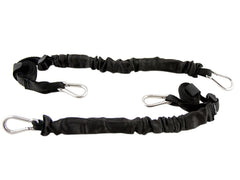 Two black bungee cords with carabiner hooks on each end, designed for securing.