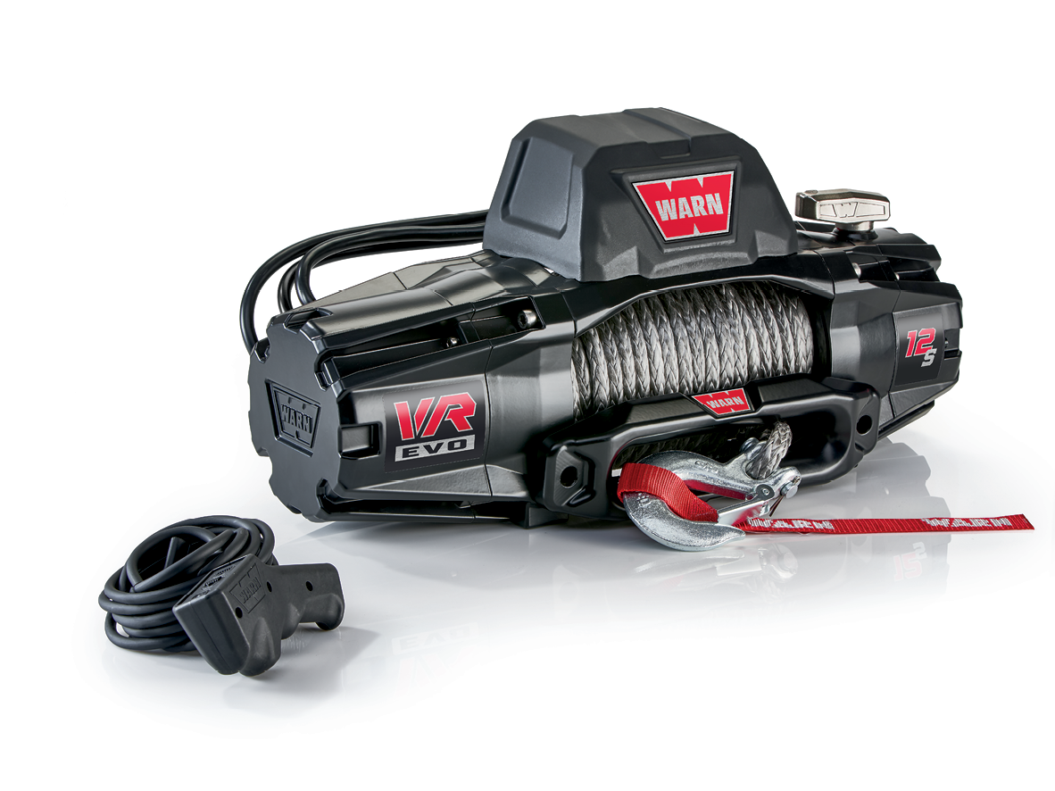 WARN VR EVO 12-S winch with red hook strap, steel cable, and remote control.