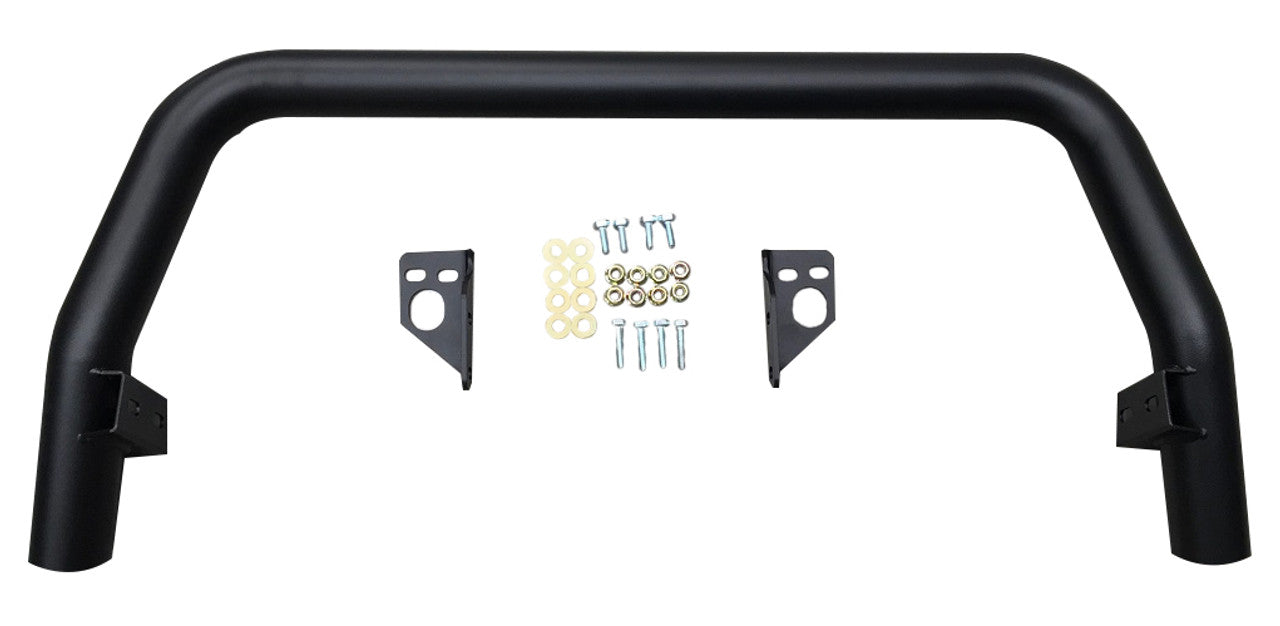 Black metal push bar with mounting brackets, screws, washers on white background.