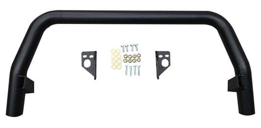 Black metal push bar with mounting brackets, screws, washers on white background. 1280