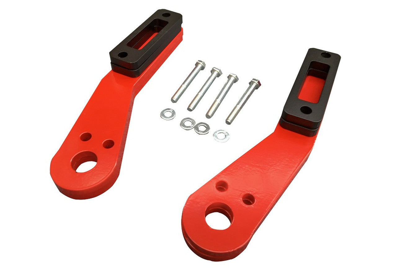 Two red metal brackets with black mounting plates, bolts, and washers.